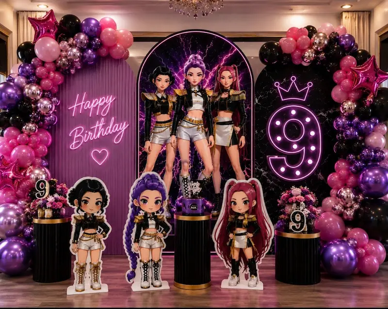 دکوراسیون تم تولد K-Pop Demon Hunters برای ۹ سالگی با بادکنکهای بنفش و صورتی، نئون، دیسکو بال و استند کاراکترها"